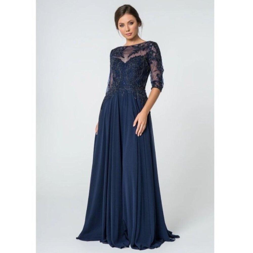 Elegant Navy Long Sleeve Lace Bodice Evening Dress